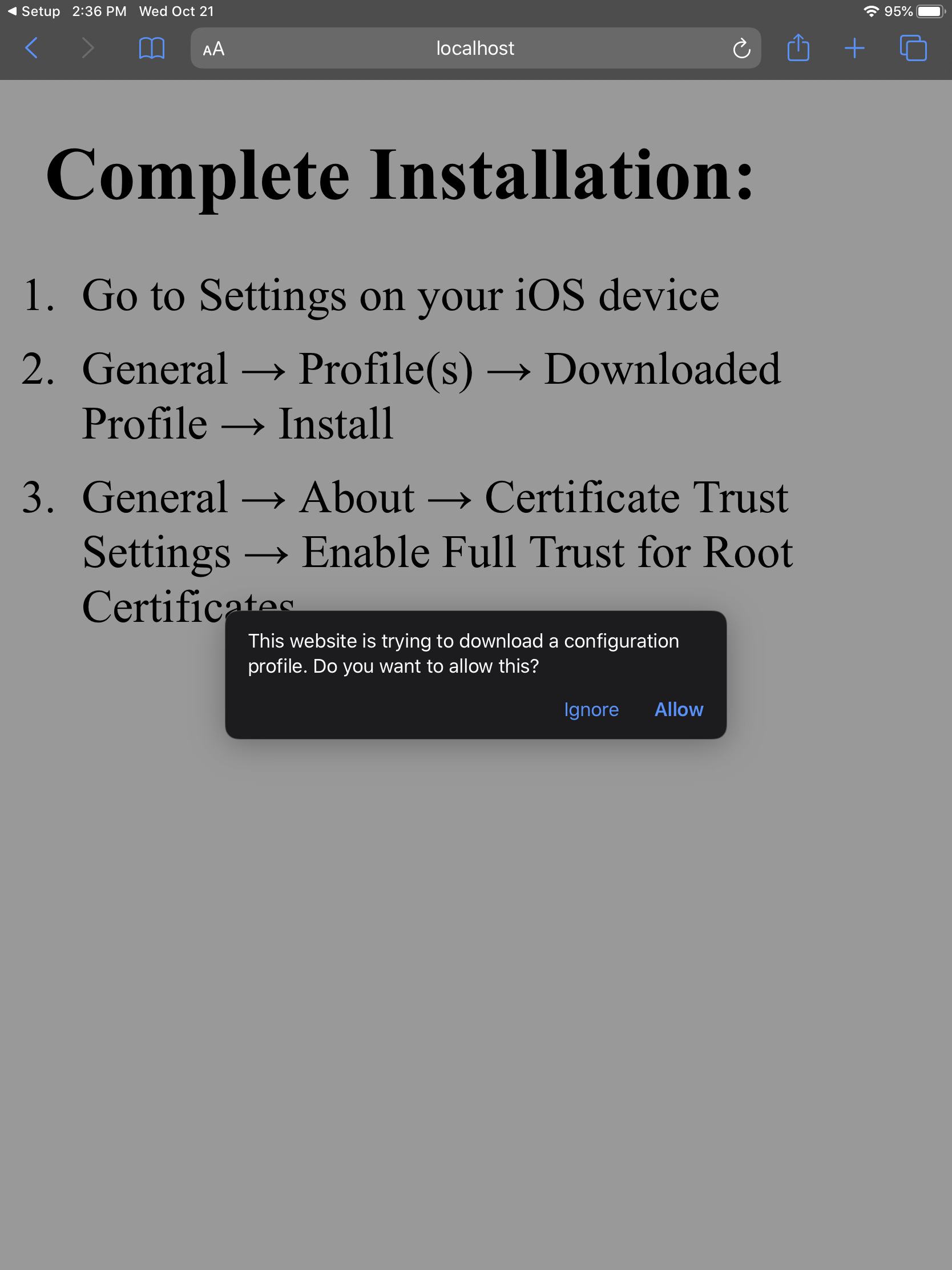 Certificate install page